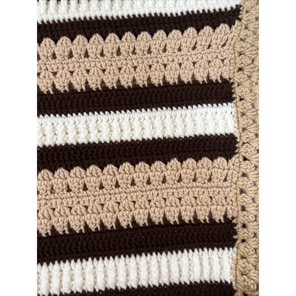 VTG Handmade Crochet Blanket Afghan 70 X 52 Brown/Cream/White Cottagecore Granny